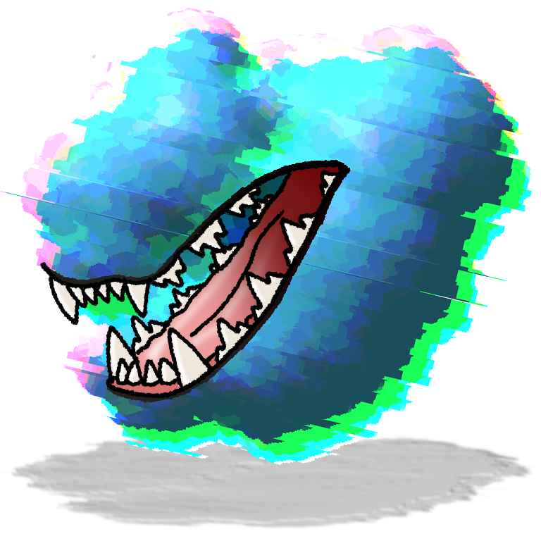 A cyan blur with a snarling fanged mouth A cyan blur with a snarling fanged mouth